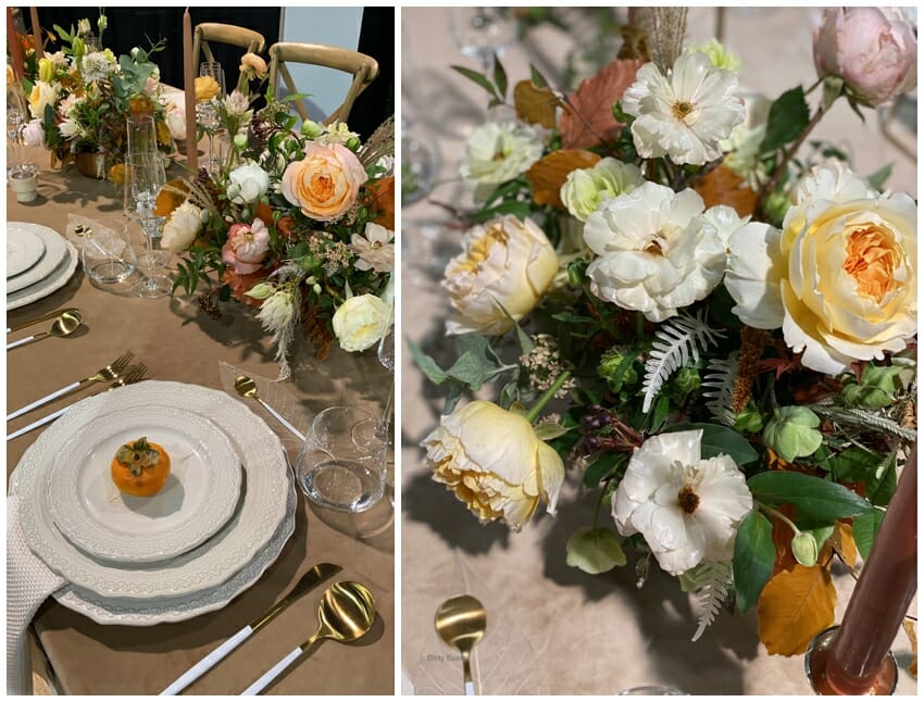 Wedding table design featuring a neutral color palette of sand, peach, blush, cream garden roses and accent flowers.